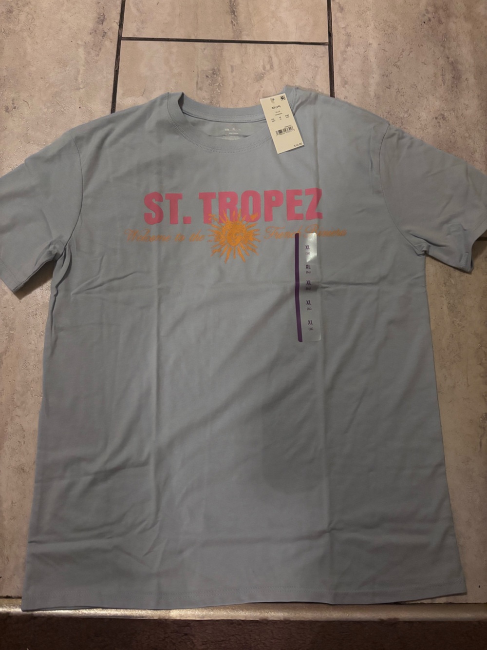 Oxford Light Blue Tee with Pink St. Tropez Print and Orange Sun